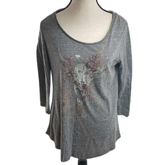 Daytrip Top Western Cow Skull Open Back 3/4 Sleeve Stretch Womens Size M - Picture 1 of 7